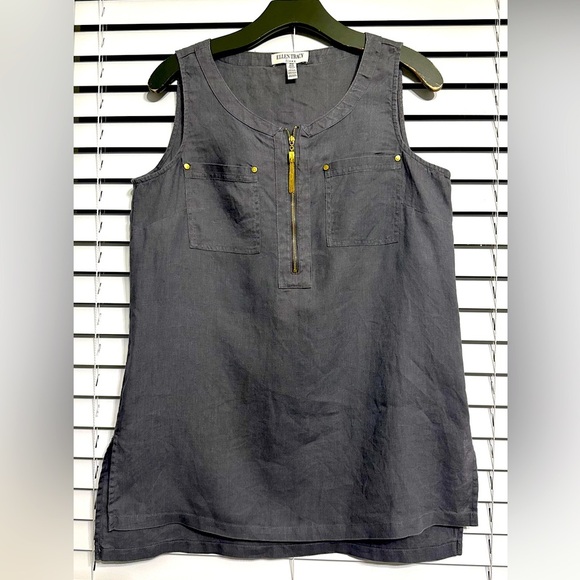 🛍️Ellen Tracy 100.% Linen dress dark gray  with gold color zipper Size M - Picture 8 of 9